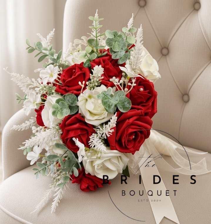 red rose cream heather wedding bouquet with eucalyptuys artificial bridal flowers uk