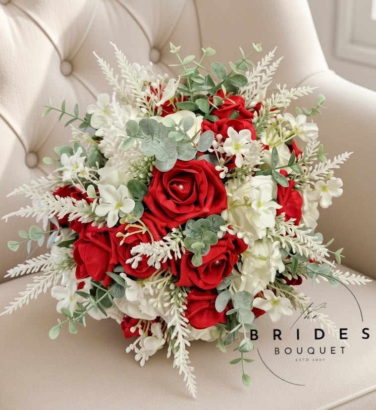 red rose with heather and eucalyptus bridal bouquet scottish wedding flowers uk ivory heather