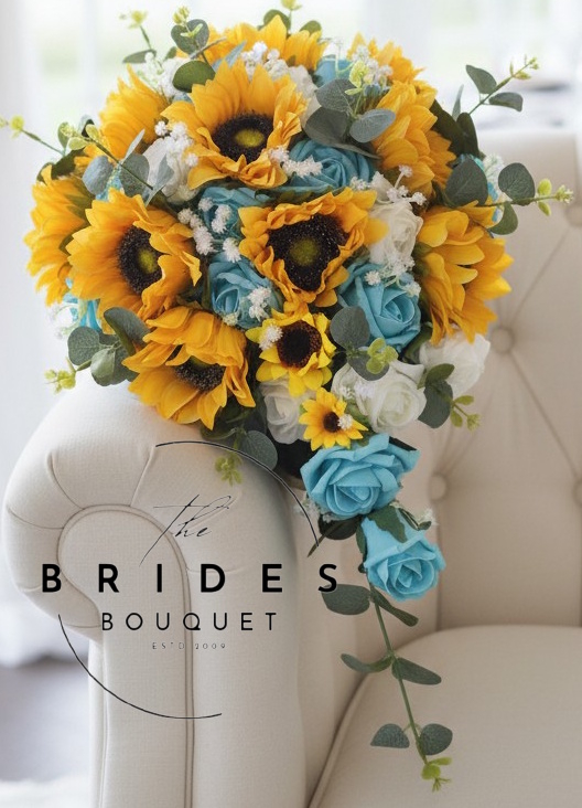 silk artificial wedding bouquet teardrop of sunflowers roses and eucalyptus artificial bridal bouquet featuring large silk sunflowers, delicate gypsophila, lush eucalyptus, and customizable rose colors, arranged in a cascading teardrop shape