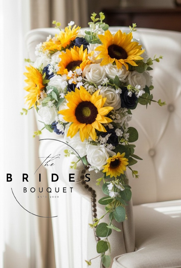 silk sunflower and artificial rose wedding bouquet with eucalyptus bridal cascading teardrop bouquets