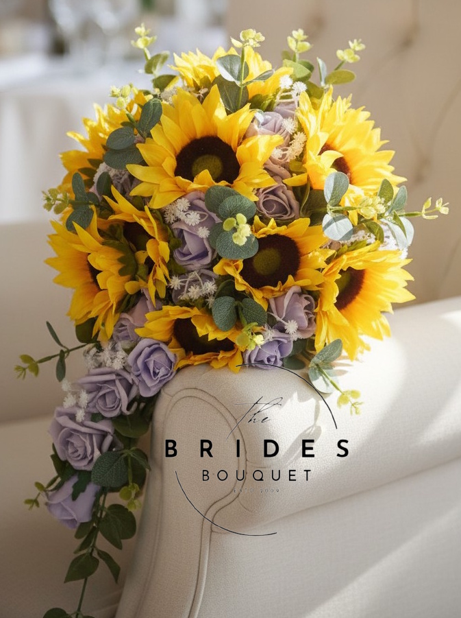 silk sunflower and faux rose with eucalyptus bridal tear bouquet in your colours dusky lilac example