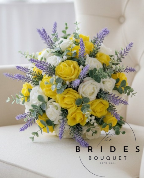 yellow and ivory rose wedding bouquet of artificial flowers with purple heather and foliage