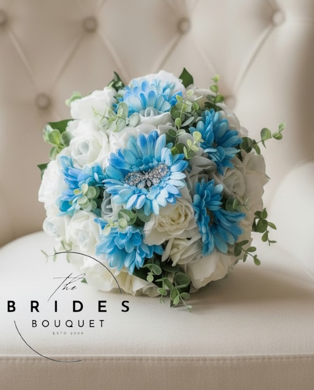 beautiful bouquet of blue silk gerbera wedding bouquet with white camelia and foliage ready to ship with diamante butterfly bridal flowers uk