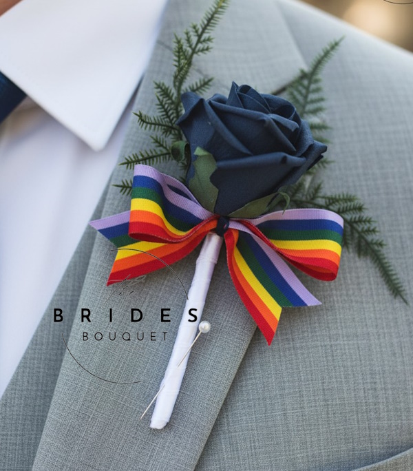 artificial rose wedding buttonhole with pride rainbow lgqbt ribbon for weddings