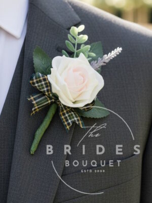 artificial rose and heather wedding flower corsage guest buttonhole