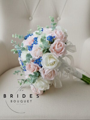 spring artificial wedding bouquet with pink roses blue forget me nots eucalyptus
