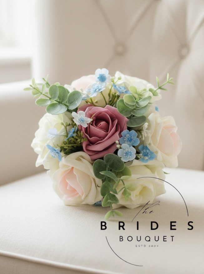 artificial rose flower girl bouquets with forget me nots and eucalyptus