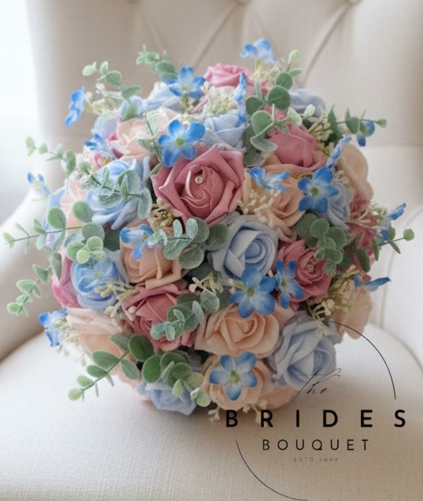 baby pink pastel blue and dusky pink faux rose wedding bouquets with forget me nots and eucalyptus