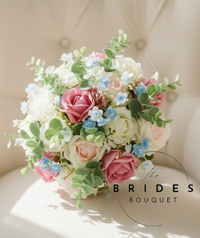 bridesmaid bouquet of artificial roses with eucalyptus and forget me nots