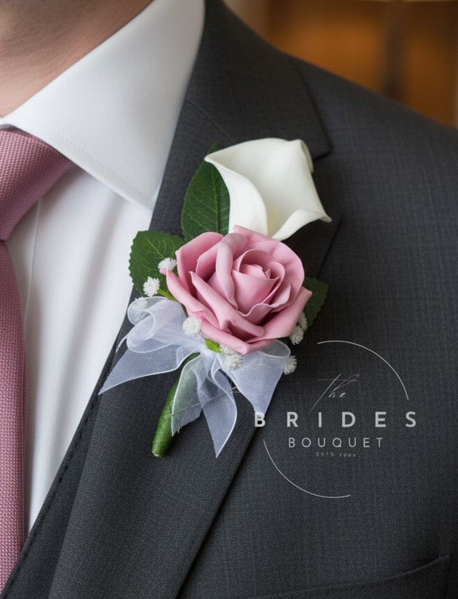 calla lily rose and gyp wedding buttonhole artificial grooms flowers uk pink white version
