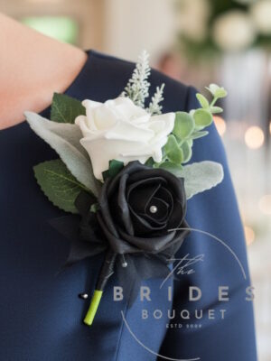 black and ivory rose wedding corsage double rose buttonholes faux flowers with foliage