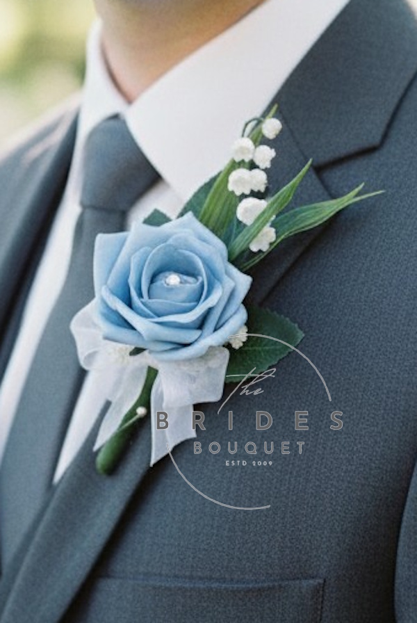 grooms rose buttonhole with lily of the valley and gyp artificial flowers uk