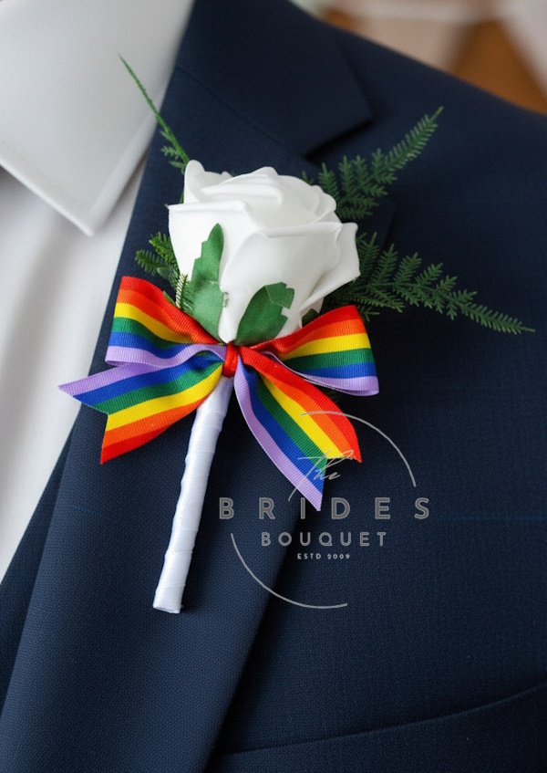 lgqbt wedding buttonholes same sex gay wedding flowers rainbow ribbon buttonhole with any colour rose lgqbt+ wedding flowers pride rainbow buttonhole flowers rainbow roses guest buttonholes corsages for same sex weddings