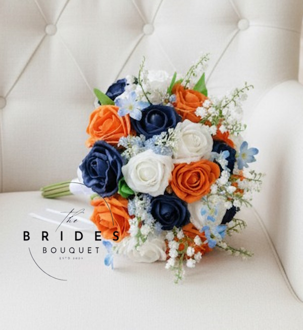 orange navy and white wedding bouquet with forget me not and lily of the valley artificial bridal flowers uk