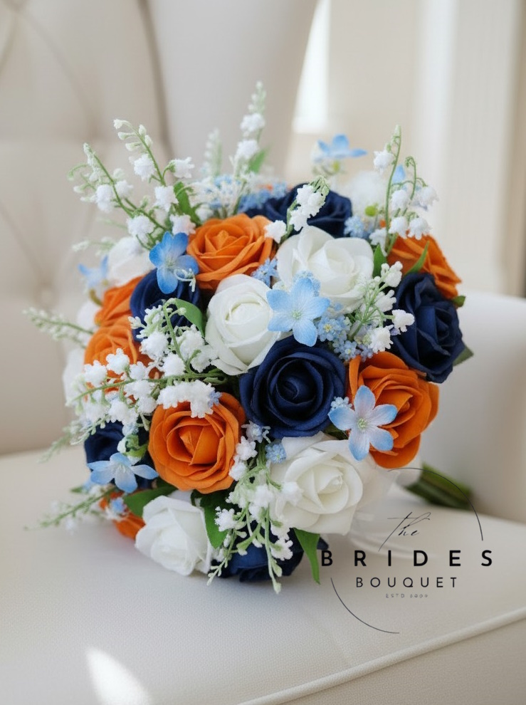 orange navy and white wedding flower bouquet with lily of the valley and forget me nots