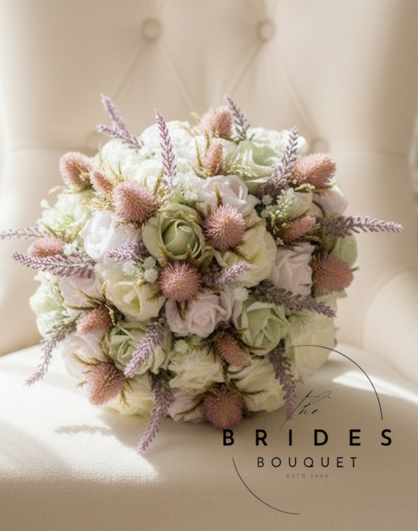 pink thistle and heather wedding bouquets with roses artificial bridal flowers for bride