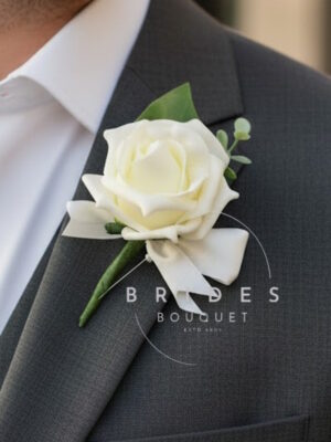 wedding buttonholes artificial rose with mini eucalyptus