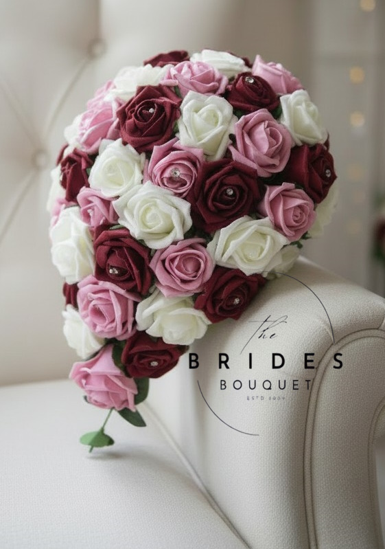 brides teardrop wedding bouquet of foam roses burgundy and pink version