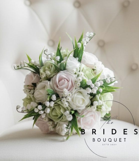 bridesmaids bouquets of blush and sage green roses with lily of the valley danielle