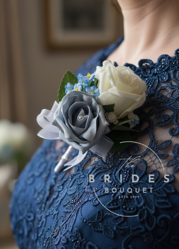 double artificial rose wedding buttonhole with forget me nots and any colour roses mother of bride groom guests