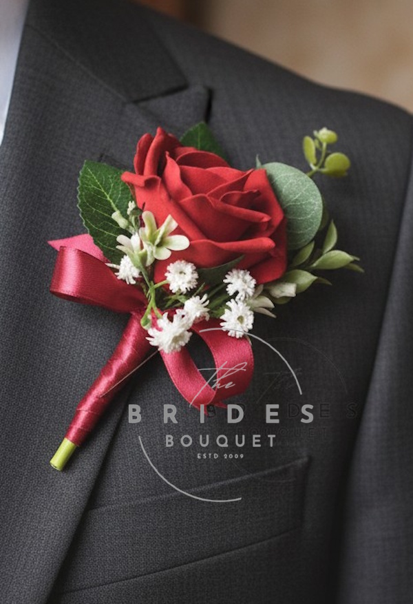 grooms artificial wedding flower buttonhole rose and gyp with foliage