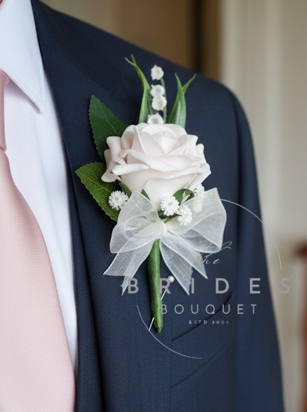 grooms buttonhole rose lily of the valley and gypsophila artificial grooms style danielle