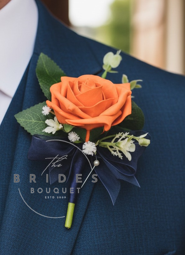 grooms style artificial rose and foliage wedding buttonhole any colours example in orange