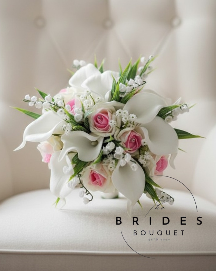 pink blush centred rose wedding bouquet for bridesmaids with calla lily and lily of the valley