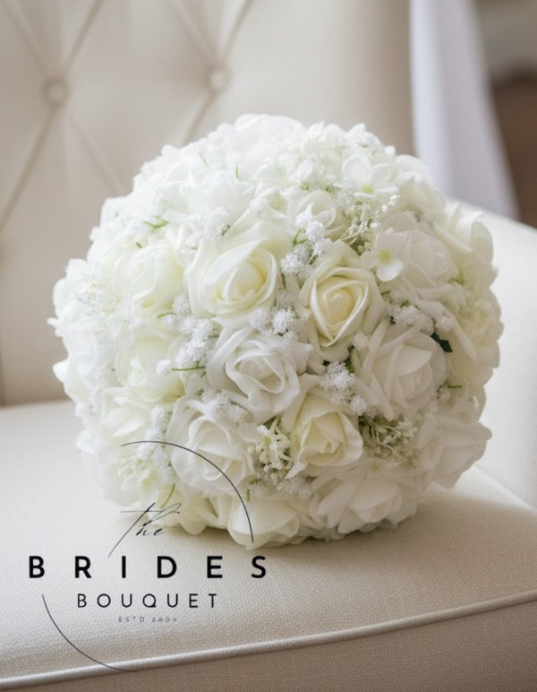 artificial rose and baby breath wedding bouquet for bride to be white ivory
