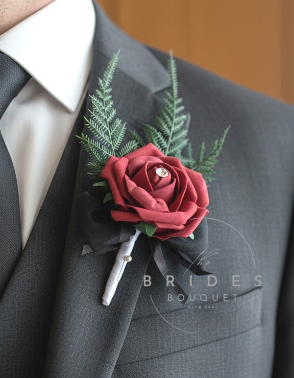 grooms artificial rose wedding buttonhole in your chosen colour white ribbon stem coloured bow artificial rose wedding buttonhole corsage butgundy rose with white stem and black bow