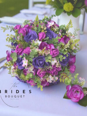 purple violet magenta artificial bridal bouquet ready to ship wedding posy with buttonhole