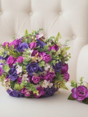 purple violet magenta artificial bridal bouquet ready to ship wedding posy with buttonhole
