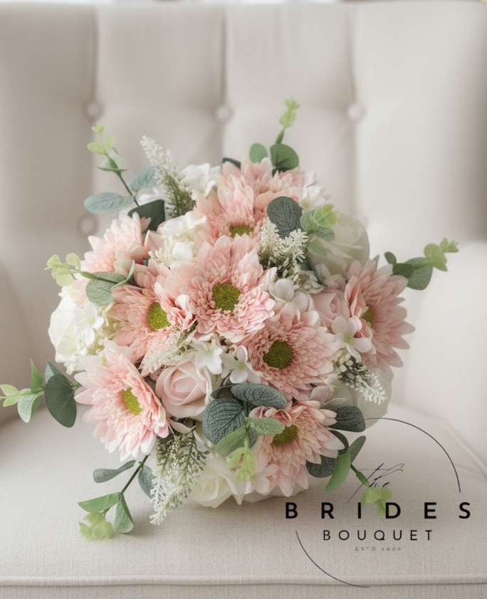 mini gerbera foliage and artificial rose bridesmaids size bouquets wedding flowers realistic