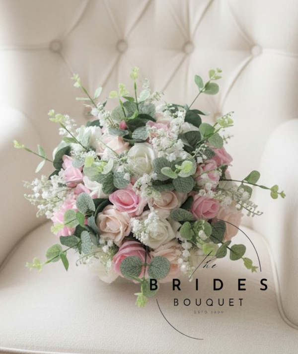 rose and lily of the valley wedding bouquet with eucalytpus diana bridal bouquets