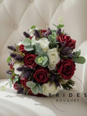 Scottish bridesmaid bouquet with artificial roses, thistles, eucalyptus foliage