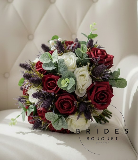 thistle and rose wedding bouquet artificial bridal flowers burgundy rose purple thistle and eucalyptus Scottish bridesmaid bouquet with artificial roses, thistles, eucalyptus foliage