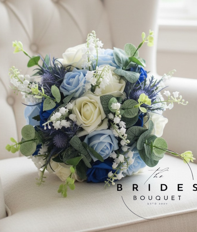 wild sea thistle rose and lily of the valley wedding bouquets with eucalyptus artificial bridesmaid bouquets