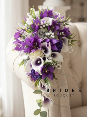 purple silk tiger lily calla liy and rose wedding bouquet teardrop bridal flowers with lily of the valley