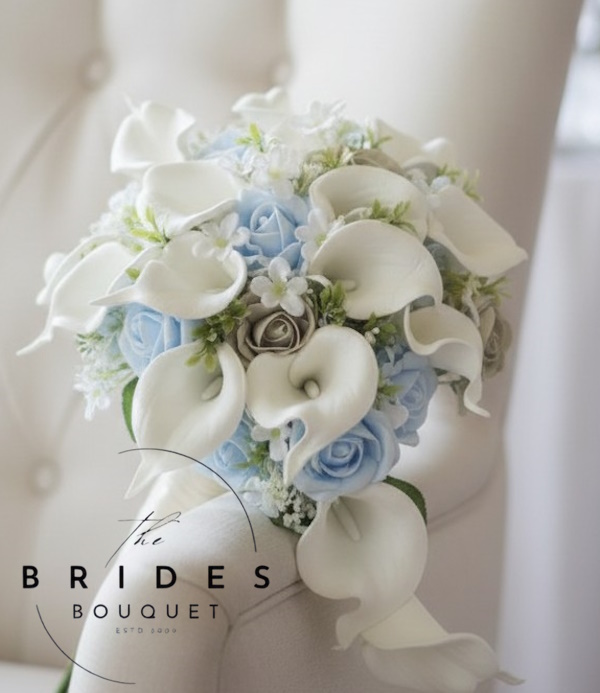 small bridal bouquet teardrop wedding flowers with roses calla lily gyp and foliage