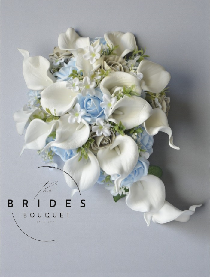 small bridal teardrop bouquet of roses and calla lily with gypsophila custom colours for your wedding theme brides artificial bouquet low cost wedding flowers calla lily and rose cascade bride bridesmaids any colours