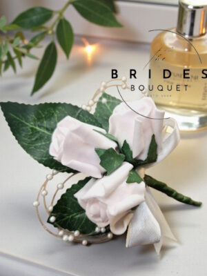 rosebud wedding buttonholes for mother of the bride, female guests at weddings, handmade to order in any colour rose & ribbons