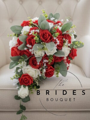 Brides teardrop bouquet of roses with foliage – artificial wedding cascade