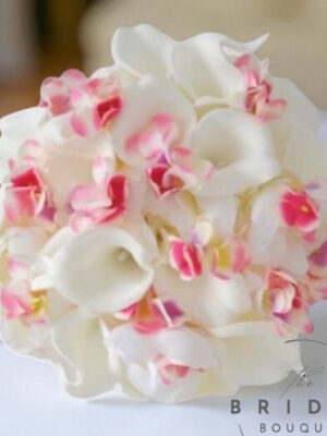 silk wedding bouquet with peonies calla lily and hydrangea white ivory pink tones ready to ship
