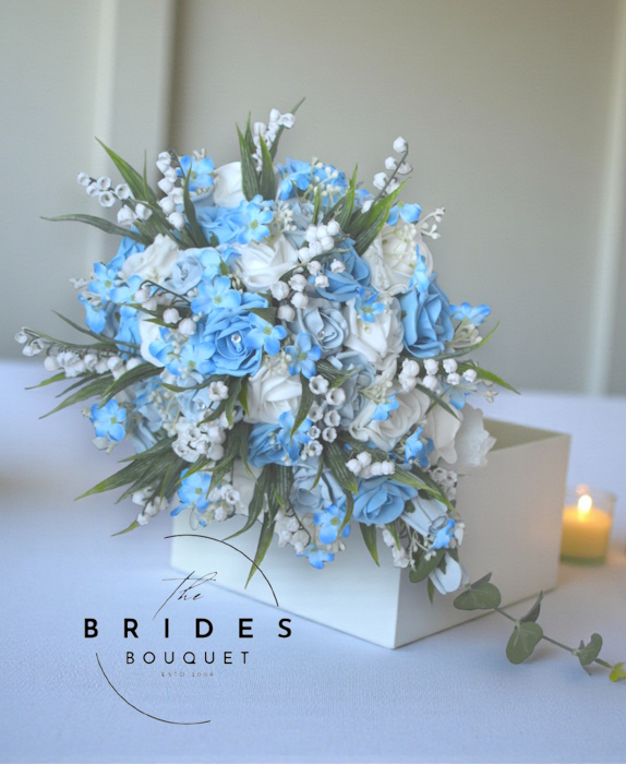 dusty blue rose and lily of the valley teardrop bridal bouquets tear with forget me nots artificial wedding flowers with forget me nots and lily of the valley