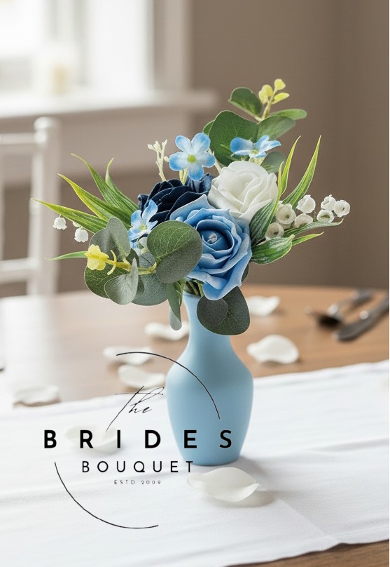 bud vase arrangement of faux roses lily of the valley and blue forget me nots