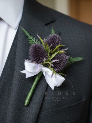 thistle wedding flower corsage purple scottish thistle buttonholes grooms corsage