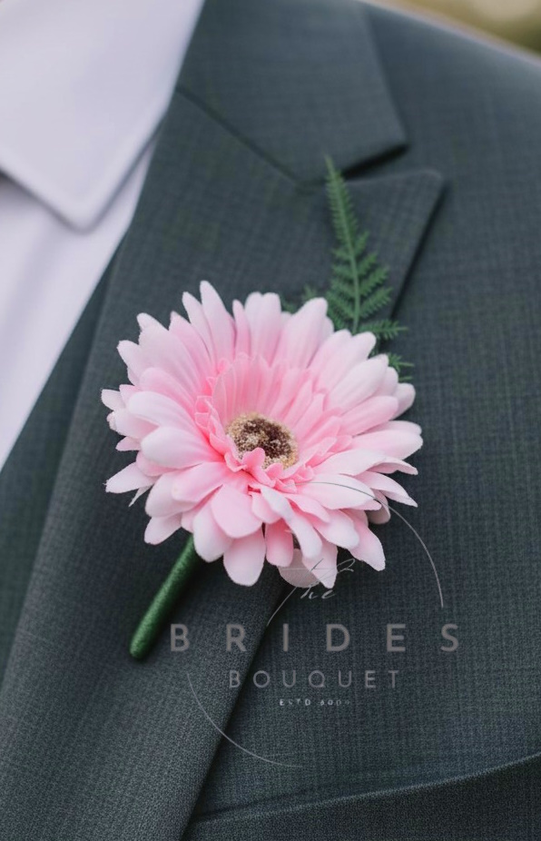 pink gerbera wedding buttonhole silk grooms flower