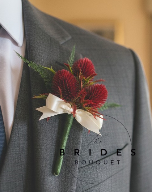 red thistle wedding buttonhole artificial corsage for grooms