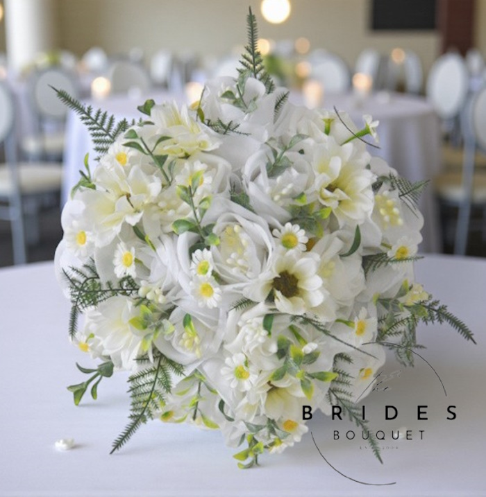 white silk rose wedding bouquet with daisy and foliage winter bridal flowers ready to ship white silk wedding bouquet for winter wedding ready to ship natural look bridal flowers