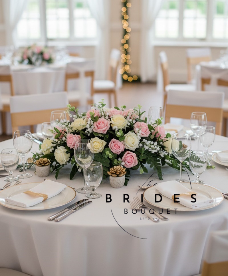 artificial rose and lily of the valley wedding table arrangement top table flowers weddings uk